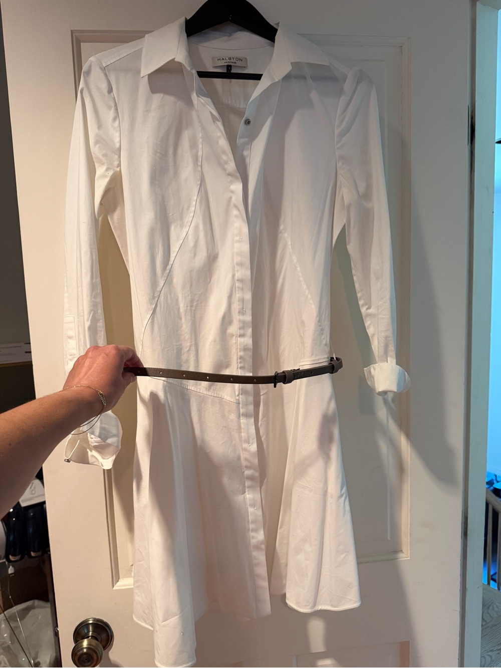 Halston Heritage White Long-Sleeve Shirt Dress with Brown Belt